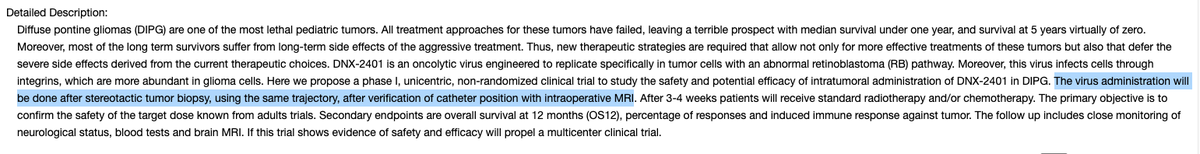 Here is the DIPG link (w/ pic showing "stereotactic tumor biopsy, using the same trajectory, after verification of catheter position with intraoperative MRI" ie likely  $CLPT)  https://clinicaltrials.gov/ct2/show/NCT03178032and rGBM: https://clinicaltrials.gov/ct2/show/NCT02798406