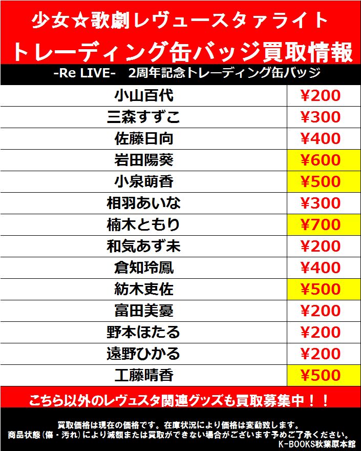Twitter पर K Books 秋葉原 ライブ2 コーナー紹介 買取情報 少女歌劇レヴュースタァライト キャストさんグッズ展開中 Re Live 2周年記念 トレーディング缶バッジお買取募集中 楠木ともり さん ７００円買取 Kbooks ラジ館 ラジオ会館 女性声優