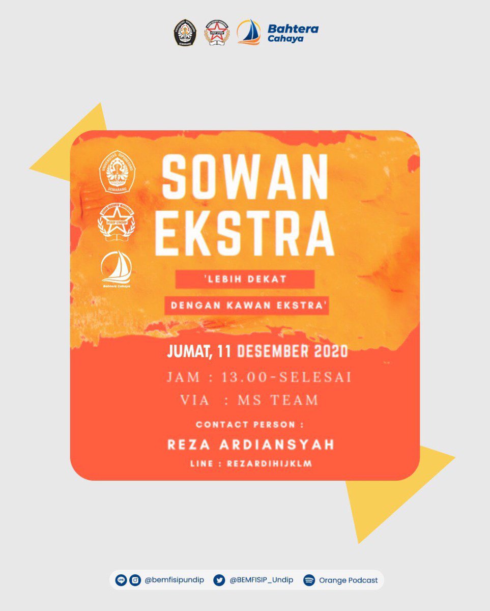 BEMFISIP_Undip's tweet photo. [ SOWAN EKSTRA: Lebih Dekat dengan Kawan Ekstra ]
 
#SowanEkstra merupakan program kerja #SosialPolitik #BEMFISIPUndip dengan melakukan sosialisasi atau kunjungan kepada Organisasi Esktra Kampus yang ada di #FISIPUndip.

yang mau join.. bisa ikutan nanti siang ya😉 https://t.co/XSV3YJuRfc
