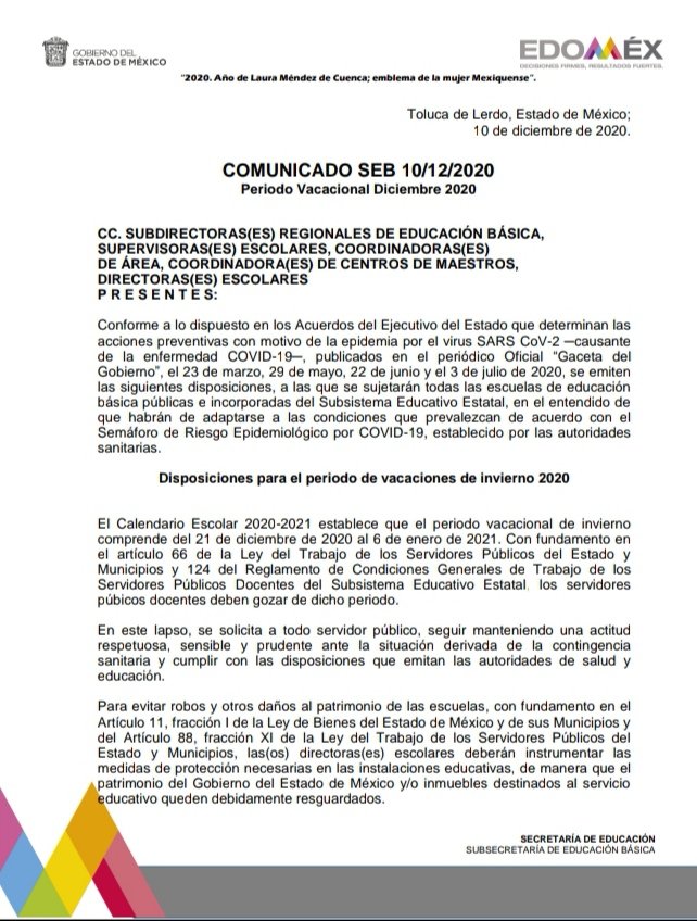 SEB_Edomex's tweet photo. Comunicado SEB 10/12/2020 referente al período vacacional Diciembre 2020.
@geramonro05
@TinocoGRogelio
@liliapatriciafj
@ma_pureza
@HugoAndresHern4
@AnastasiaVega21
@ArturoH19772369
@SolorioGuilmar https://t.co/1VluE2OYnh