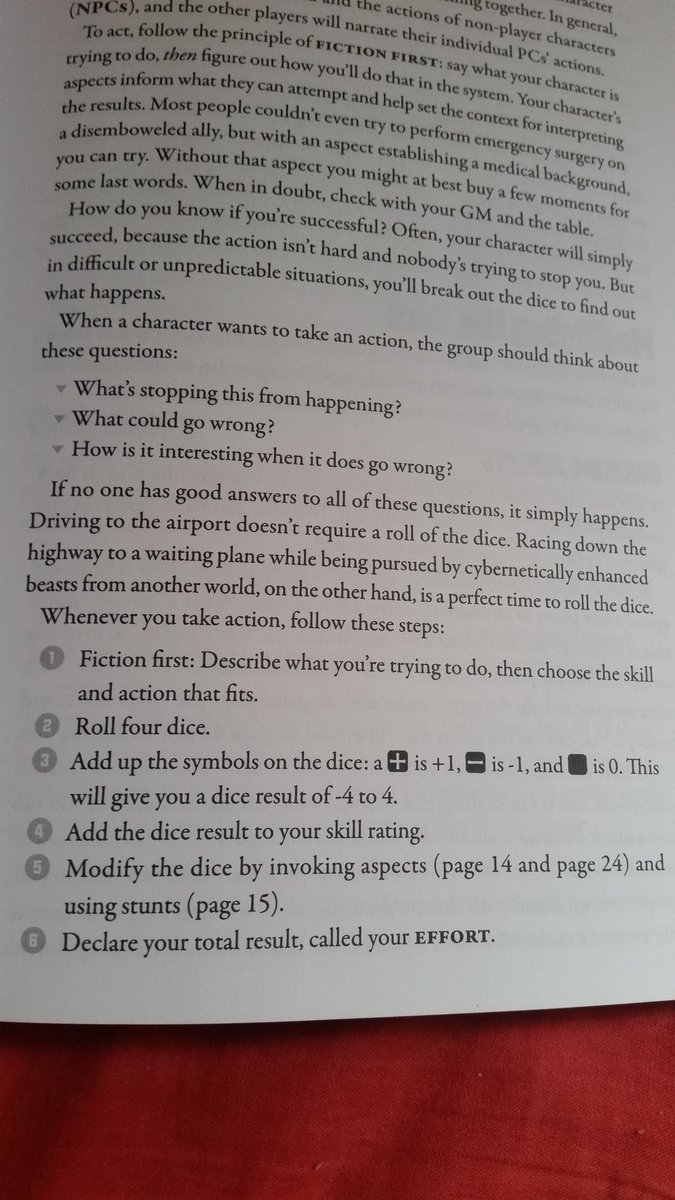 Nice player summary of when you should roll, and how to make a roll. An improvement on Accelerated's text.Unfortunately the GM side isn't given this same overview before zooming in.(yes there is a summary sheet in the back)