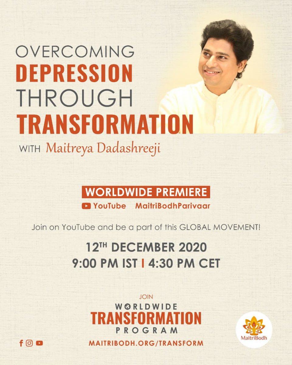 MitrNaresh's tweet photo. WORLDWIDE PREMIERE
with Maitreya Dadashreeji

On 12th December 2020,
9:00 PM IST on YouTube

Be a part of this Global Movement as Maitreya Dadashreeji addresses the world on *OVERCOMING DEPRESSION THROUGH TRANSFORMATION.*

Subscribe to our YouTube Channel
https://t.co/7HUvWuP23o https://t.co/6uqdDDd77t