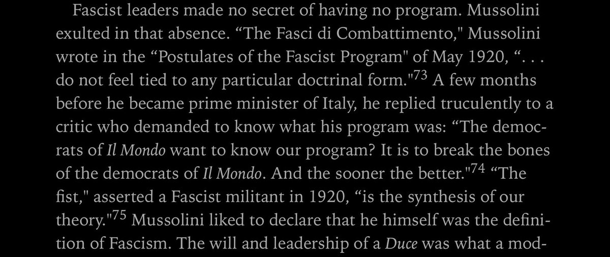 ...there is no ideology. There is just the strongman and the relentless pursuit of power and desire to delight in crushing the other. (Liberal tears, for example) Fascism emerged in Italy with Mussolini. Here is how that is described in the book “The Anatomy of Fascism”:..../3