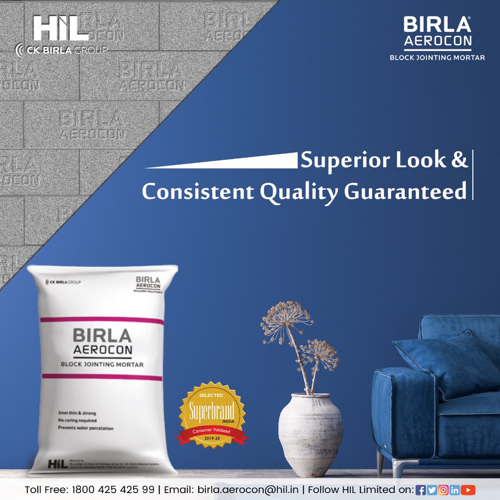 birlanu's tweet photo. Birla Aerocon Block Jointing Mortar is eco-friendly, long-lasting, cost-effective, and water-resistant which gives your home a smooth design. 

For more information about the product, call us on 180042542599

#BirlaAerocon #BuildWithTheBest #TogetherWeBuild #HIL #ReadyMixPlaster https://t.co/0zjbSy88w8