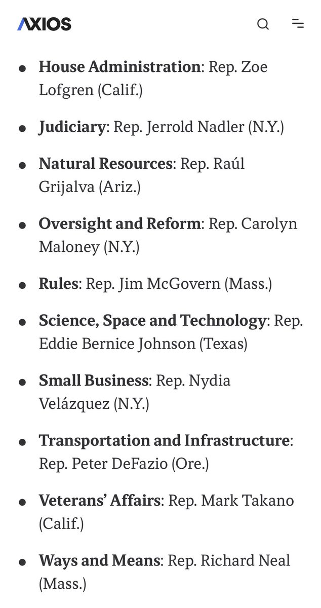 Meet some of your 117th Democrat House Committee Chairs: https://www.axios.com/house-new-committee-chairs-ranking-members-cb330bb0-088b-4e4c-89dc-ed9daa07c829.html