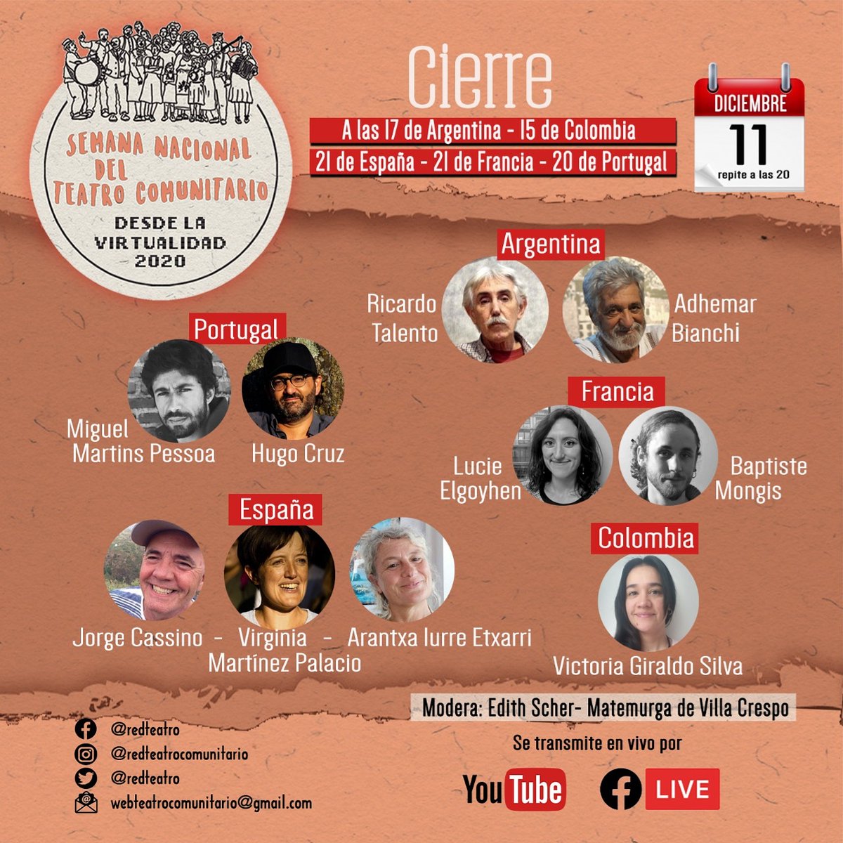 redteatro's tweet photo. CIERRE 
A las 17:
 Video Institucional de la Red Nacional de Teatro Comunitario
  Conversatorio
El teatro comunitario mira hacia el futuro.

Argentina
Ricardo Talento, Circuito Cultural Barracas 
Adhemar Bianchi, Grupo de Teatro Catalinas Sur
Lxs esperamos: https://t.co/3npdFoBLQn