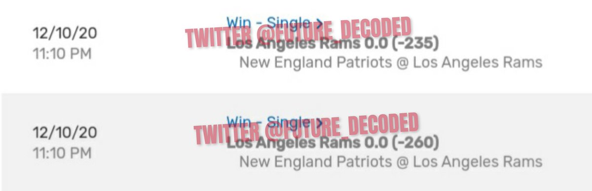 future_decoded's tweet photo. โก
Starting Week 14 off right!
The Rams beat the Patriots as predicted ๐ฎ
Now, 20 for 26 in last 26 NFL predictions ๐ฅ
#NFL #NFLPicks #NFLTwitter #SportsBetting #ScriptedSports #GamblingTwitter #BettingTips #BettingExpert #MatrixSports #Simulation #SimulatedReality https://t.co/pWTXuGPTF8