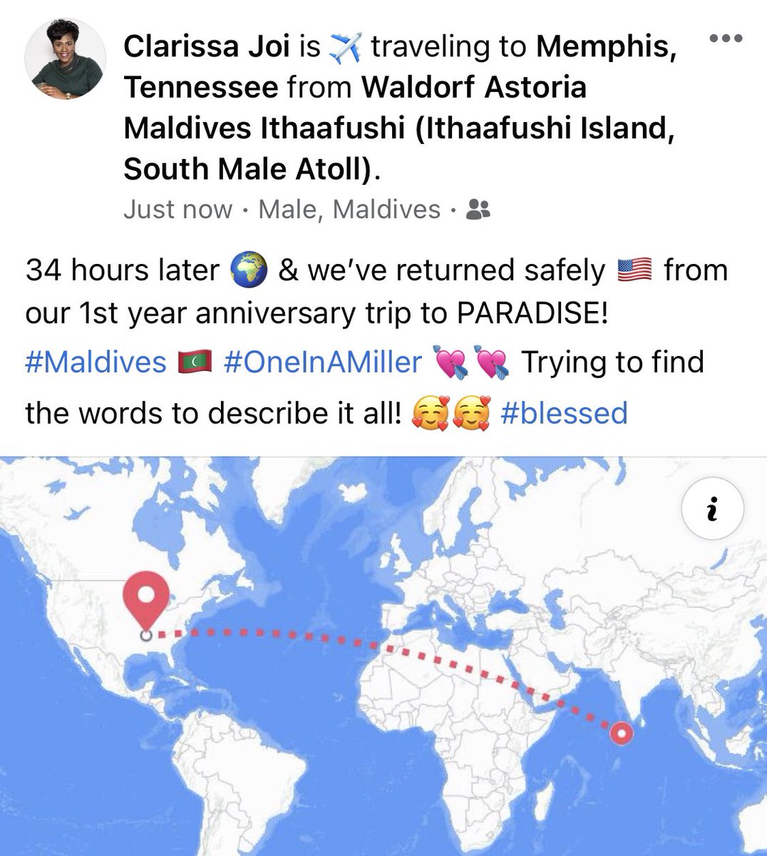 ClarissaJoi's tweet photo. 4 hours later 🌍 & we’ve returned safely 🇺🇸 from our 1st year anniversary trip to PARADISE! #Maldives 🇲🇻 #OneInAMiller 💘💘 Trying to find the words to describe it all! 🥰🥰 #blessed #blacklove https://t.co/ZZr4nwIzMn