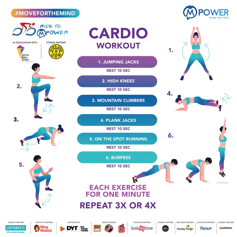 mpowerminds's tweet photo. Day 7- Workout for the day !
CARDIO workout!
Note - Please repeat the exercises as per your stamina and flexibility!
Do not forget to time your steps.
Upload your photos/ videos and don’t forget to tag @mpowerminds to win exciting prizes!
#moveforthemind
@GoldsGymIndia https://t.co/126ErFdKlr