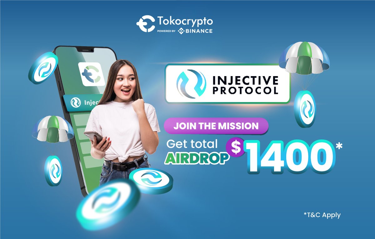 Tokocrypto's tweet photo. Hi Tokonauts! 
Dalam rangka menyambut @InjectiveLabs listing di Tokocrypto, kami mengadakan airdrop berhadiah $1400* untuk kamu yang menyelesaikan misi dengan baik. Selamat mencoba dan sebarkan sebanyak-banyaknya!

Cek misimu di https://t.co/jPAdb1AHsG

#tokocrypto #INJECTIVE https://t.co/iFaSANUuhh