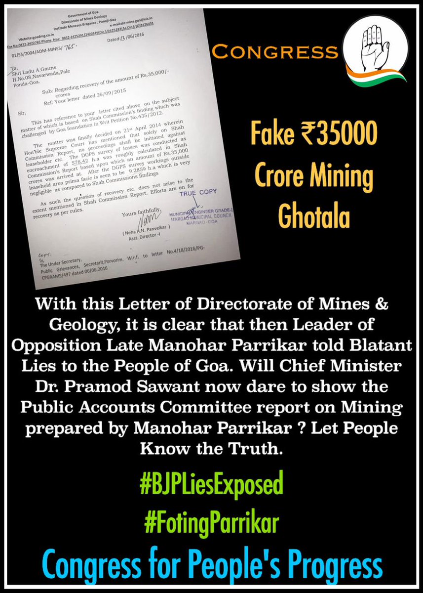 SevadalGA's tweet photo. With letter of DMG, @BJP4Goa alongwith Late Manohar Parrikar cheated Goan people with blatant lies. @goacm should show the Public Accounts Committee report on Mining prepared by Late Manohar Parrikar. Let Goans know the truth

#BJPLiesExposed
#FotingParrikar
#RestartMining https://t.co/slqE5HK9kP