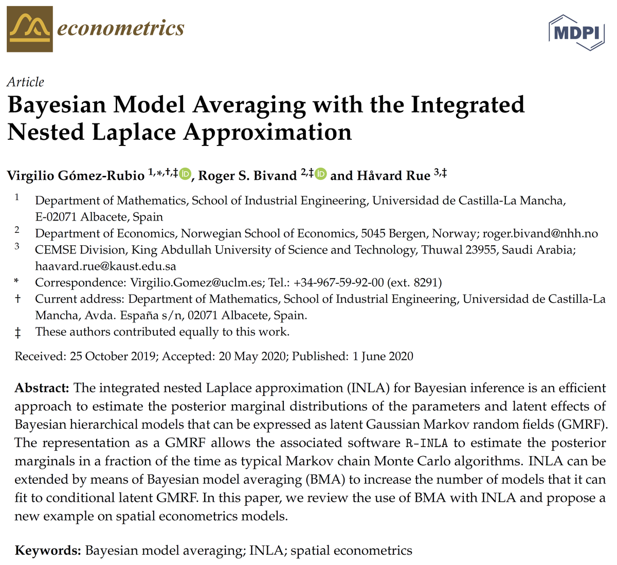 Econom_MDPI's tweet photo. Bayesian Model Averaging with the Integrated Nested Laplace Approximation (by Virgilio Gómez-Rubio @uclm_es, Roger S. Bivand @NHHEcon and Håvard Rue @cemseKAUST)
Click here to read🆓https://t.co/9lKgfrmvDo
#BayesianModelAveraging
#BMA
#INLA
#SpatialEconometrics https://t.co/o7bHWheWPn
