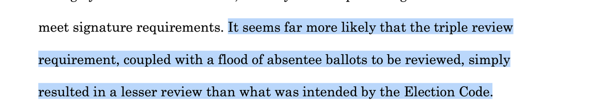 Here we come to the crux of the matter. #1 image: Having 3 officials review each signature instead of 1 meant that fewer ballots were rejected. #2: Therefore, because fewer were rejected, it must not have been a good system. 11/