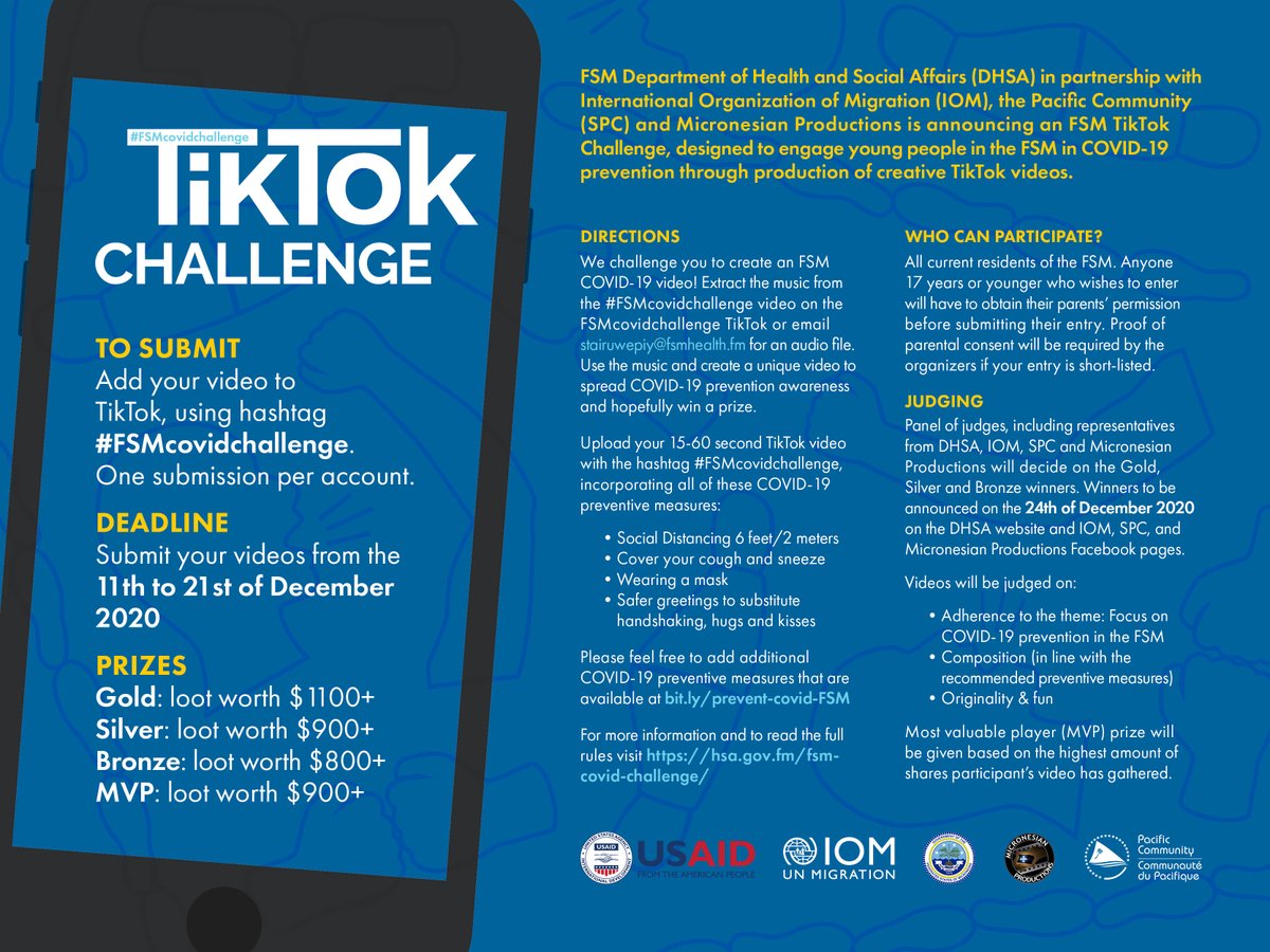 FSMPIO's tweet photo. All FSM TikTokkers are encouraged to participate in the COVID-19 Awareness &amp; Prevention TikTok Challenge. More information here: https://t.co/zqgKiQc0vT https://t.co/4Cm4CcywKj