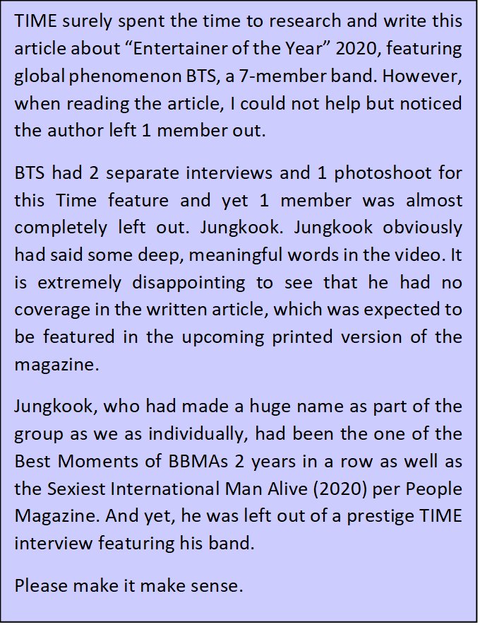 llsddd's tweet photo. It's such an honor for BTS to be featured as TIME's "ENTERTAINER of the Year" until 1 member was COMPLETELY left out of the article.

2 interviews and 1 photoshoot, yet ZERO coverage of #JUNGKOOK on the soon-to-be printed TIME magazine.

Pls @TIME @raisabruner make it make sense https://t.co/4VX1ZfCsgC