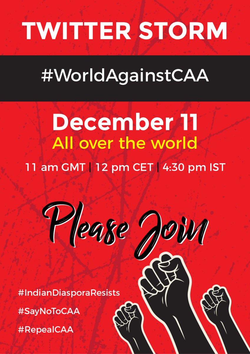 OfficialHFJ's tweet photo. Twitter storm:
#WorldAgainstCAA today at 4:30 PM IST (11 AM GMT)
RT pls so that it reaches everyone.. https://t.co/Tt5VgKa1aS