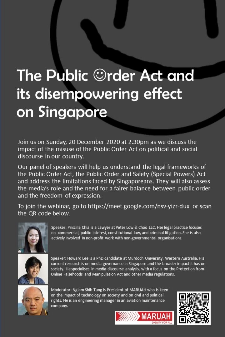 maruahsg's tweet photo. Set your calendar to join us on Google Meet on Sunday, 20 Dec 2020 at 2.30pm to discuss the impact of the misuse of the Public Order Act on political and social discourse in our country. 
Google Meet https://t.co/B7hoUkxD95 https://t.co/HAt6vhJaVQ