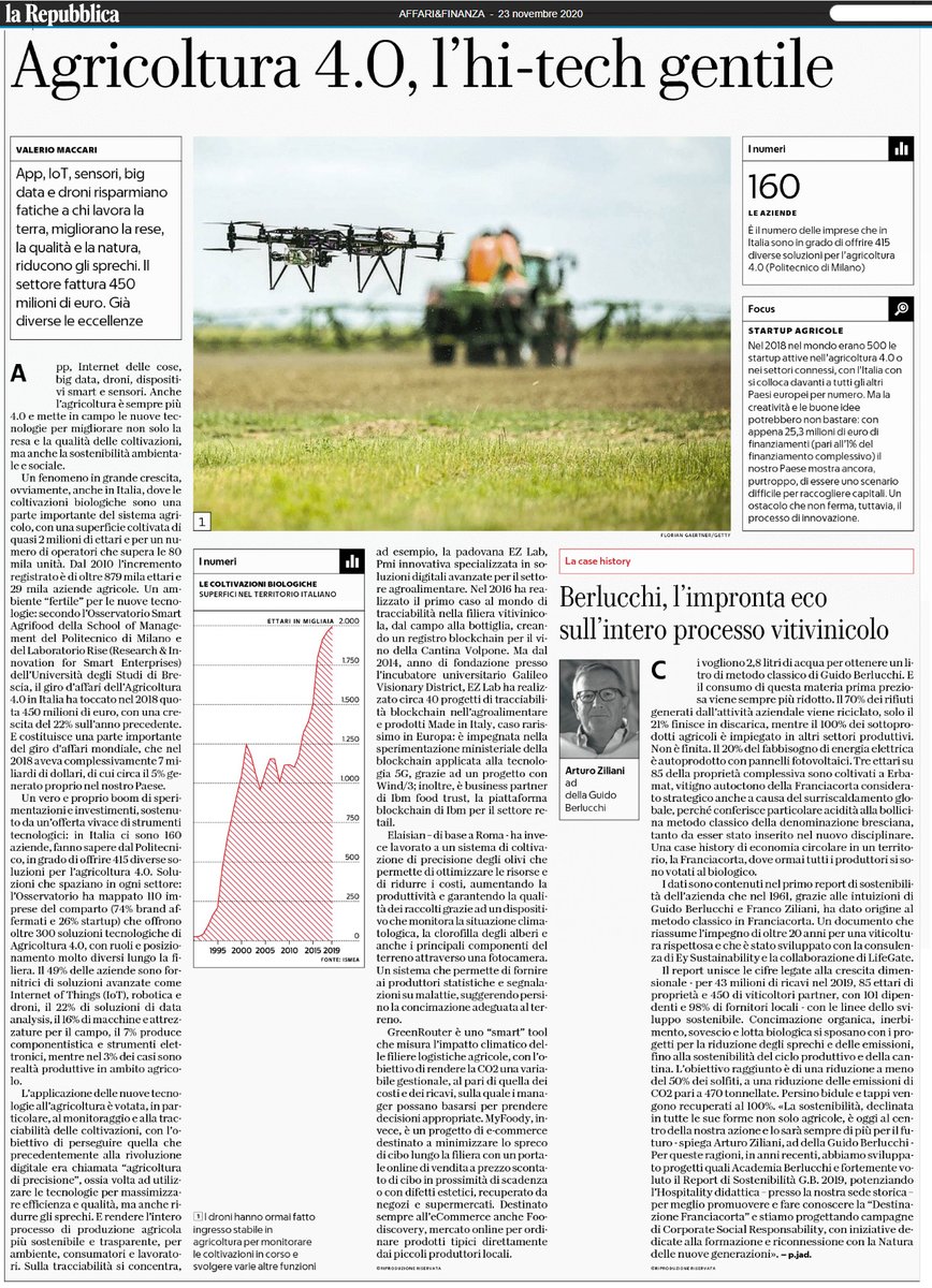 LuisB's tweet photo. #Agricoltura 4.0, l’hi-tech gentile, #App, #IoT, #sensori, #big_data e #droni risparmiano fatiche a chi lavora la terra, migliorano la rese, la qualità e la #natura, riducono gli sprechi. In #Italia il settore fattura 450 mln di euro. | #tecnologia #innovazione #5G #economia https://t.co/KVOrcX2lsx