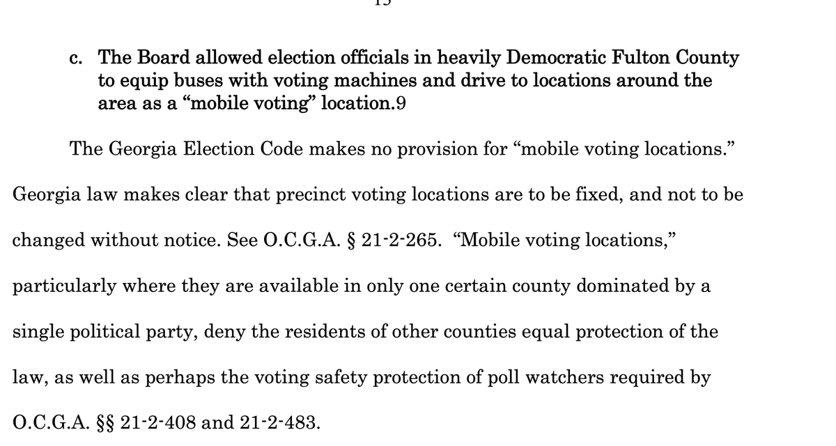 The idea is that Fulton County took steps to increase voter turnout, but these same steps were not taken in other counties. Okaaay. Next time, tell the other counties to get with the program!The remedy (throw out all the ballots) is nonsensical.15/