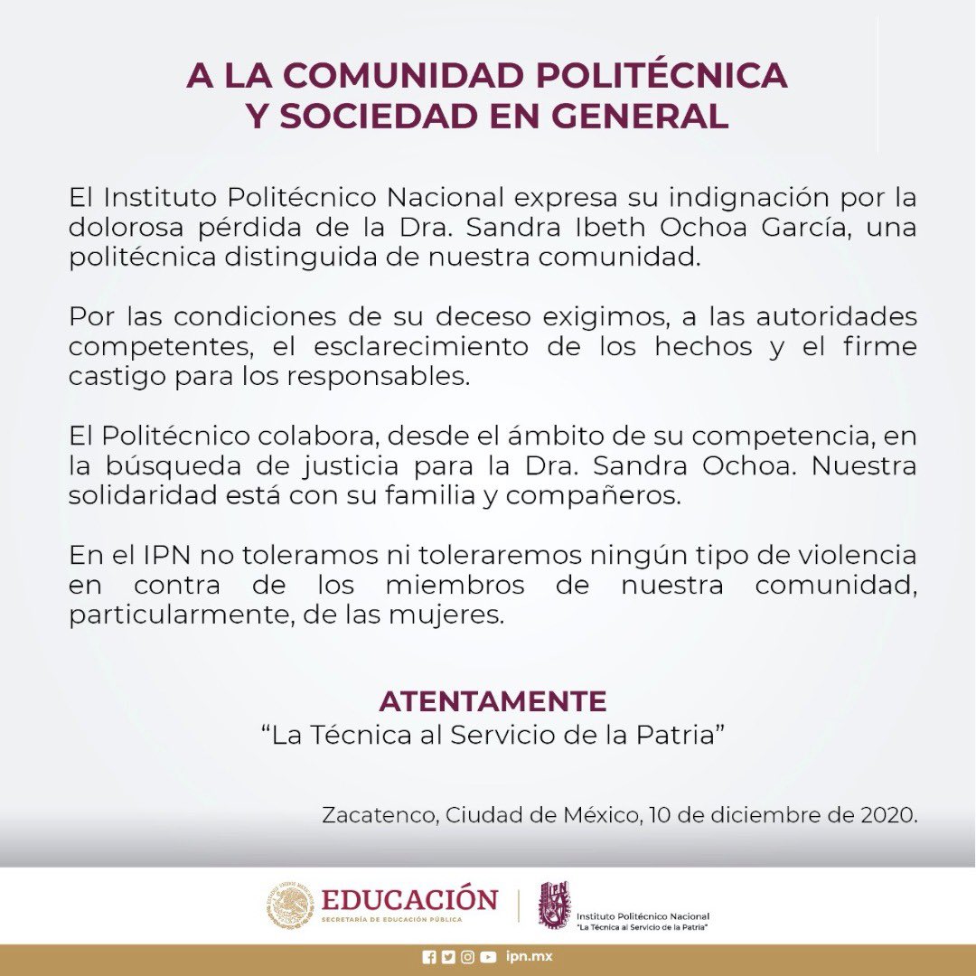 IPN_MX's tweet photo. 🔴 #MensajeIPN #ComunidadPolitécnica #CeroToleranciaALaViolencia https://t.co/gCbXEnEMGy