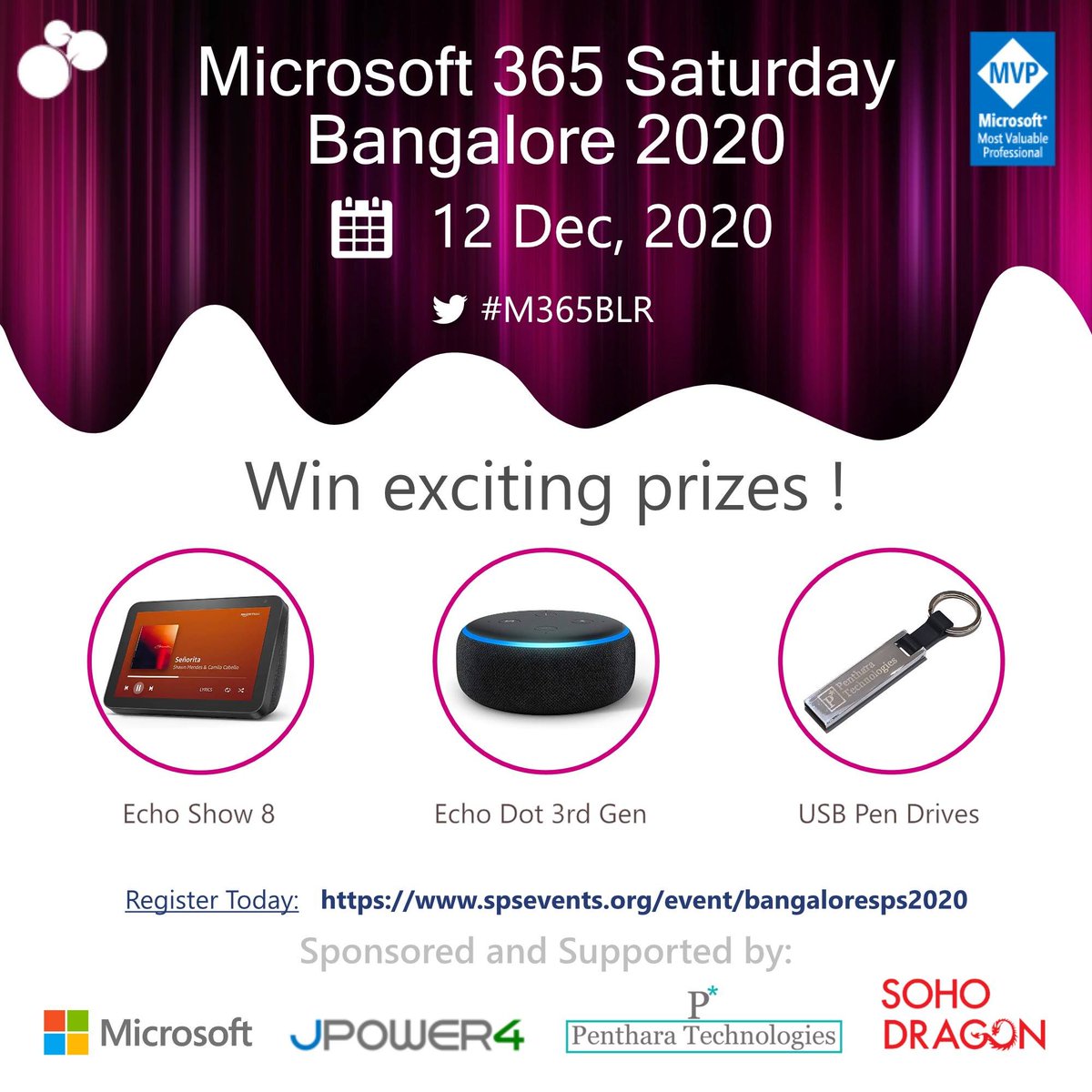 kamleshrao's tweet photo. Another 1 day for Microsoft365 Saturday Bangalore
1️⃣ Register https://t.co/1ZGtKIJf3z
2️⃣ Attend Sessions and Learn
3️⃣ Participate in Quiz and win exciting goodies
#M365BLR #Microsoft365 #SPSEvents #SohoDragon #PentharaGalaxy #JPower4 #MVPBuzz https://t.co/6HCTz1fSB0