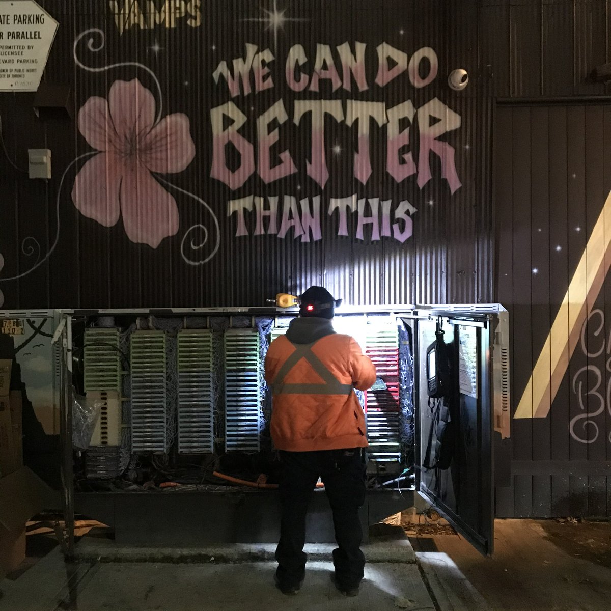 TrinityBellwood's tweet photo. Can we? Night shift phone line repair person can!
#eveningwork #queenwest #repair #Maintenance #overtime #afterhours https://t.co/wZeWXLMJwh