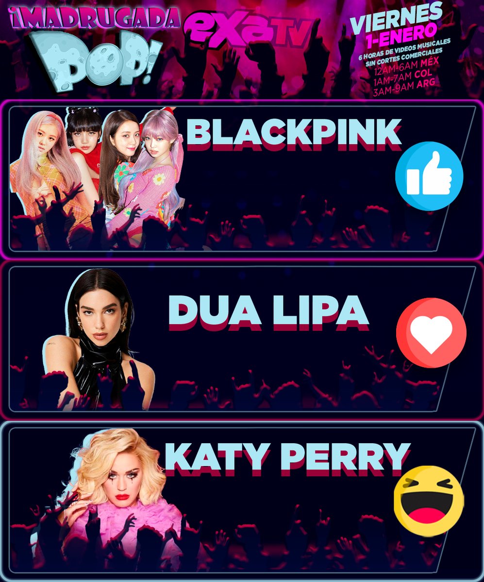 exatv's tweet photo. ¿Con quién la quieres amanecer en el inicio del 2021, #BLACKPINK / #DUALIPA / #KATYPERRY? Vota entre los más populares del 2020 y pásala con ellos en la #MadrugadaPopEXATV este 1 de Enero del 2021. ¡VOTA EN NUESTRO FACEBOOK 👍❤️😄! (LINK 👉https://t.co/CvzFzDcc8T) https://t.co/HT7dVJNiiU