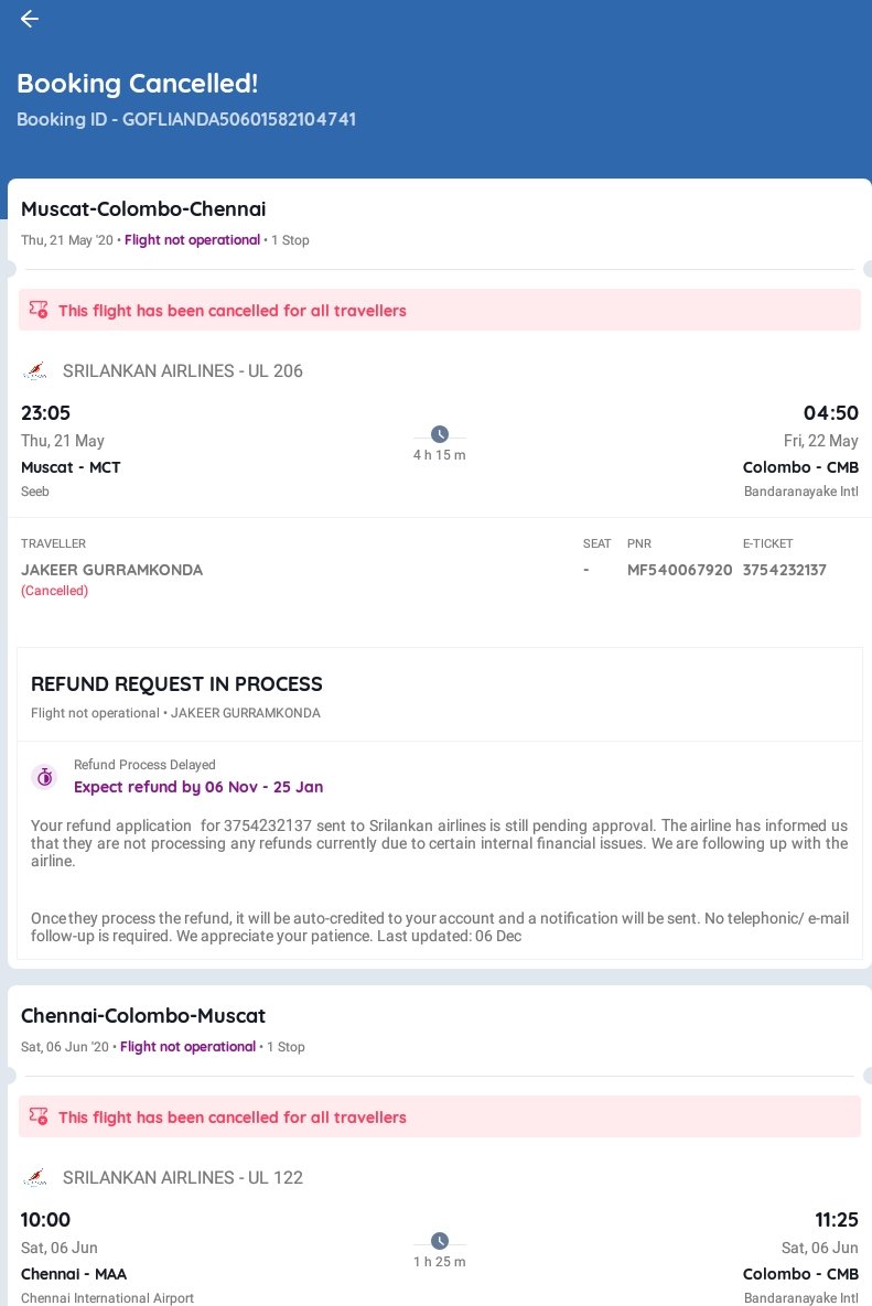 GjrVl's tweet photo. Goibibo Please Stop Cheating.Refund had processed by Sri Lankan AirLines. Ammount credited to your account on 4th Nov 2020 to 
Edward Liton Biswas
Manager- F &amp; A
SriLankan Airlines Ltd.GSA: Bangladesh
Mobile: +88 01708 482020 : 
Email:dacacct@srilankan.com https://t.co/isf1tqhU1U