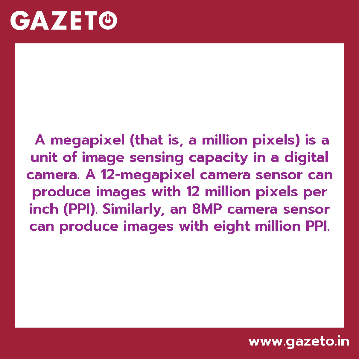 mygazeto's tweet photo. What does Mega Pixel signify in a Camera?
Stay tuned for more interesting facts like this:
#Gazeto #UpgradingTheExperience #Pune #mobile #SmartWayToBuySmartPhones #punestartups #MobileGyan #camera #megapixel #informativepost #information #stayupdated https://t.co/sXu81X9DYB