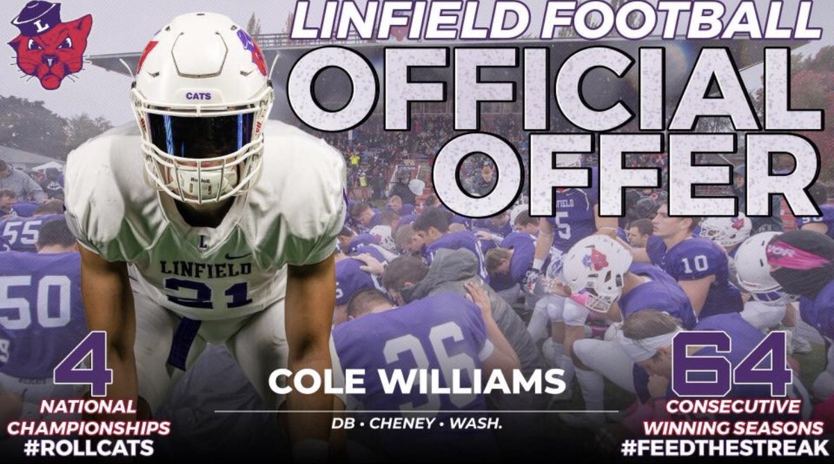 Super excited and blessed to say I’ve received an offer from Linfield University 💜!!#Gocats 
<a href="/DBCoachFunk/">Brandon Funk</a> 
<a href="/Micah_Chen/">Micah Chen</a> 
<a href="/BrandonHuffman/">Brandon Huffman</a> 
<a href="/NW_Spotlight/">NW SPOTLIGHT ATH'S</a> 
<a href="/INW_FOOTBALL/">Inland Northwest Football</a>