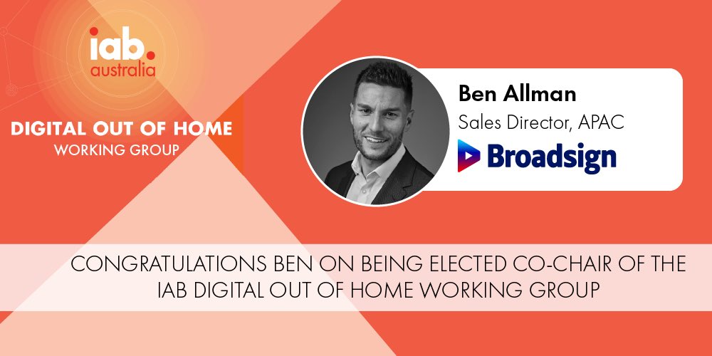 IABAustralia's tweet image. Congrats to Ben Allman from @Broadsign who has been elected co-chair of our fastest growing working group - DOOH. This group has created great industry resources in 2020 &amp;amp; Ben will help drive some exciting initiatives in 2021. #dooh #programmaticdooh iabaustralia.com.au/our-councils/d…