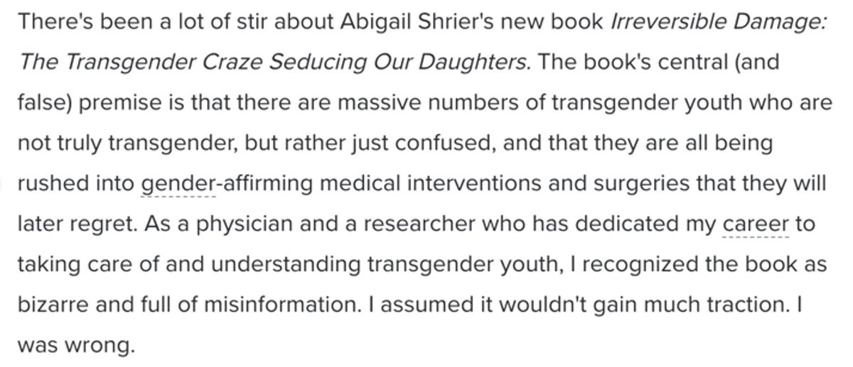 Time to fact-check  @jack_turban 's latest article. Spoiler alert—it’s full of misrepresentations and errors. Jack’s mistakes could be forgiven as he is in medical training (a first year-fellow) with much to learn, except that he positions himself as an expert. /1  https://twitter.com/jack_turban/status/1335799429522067456