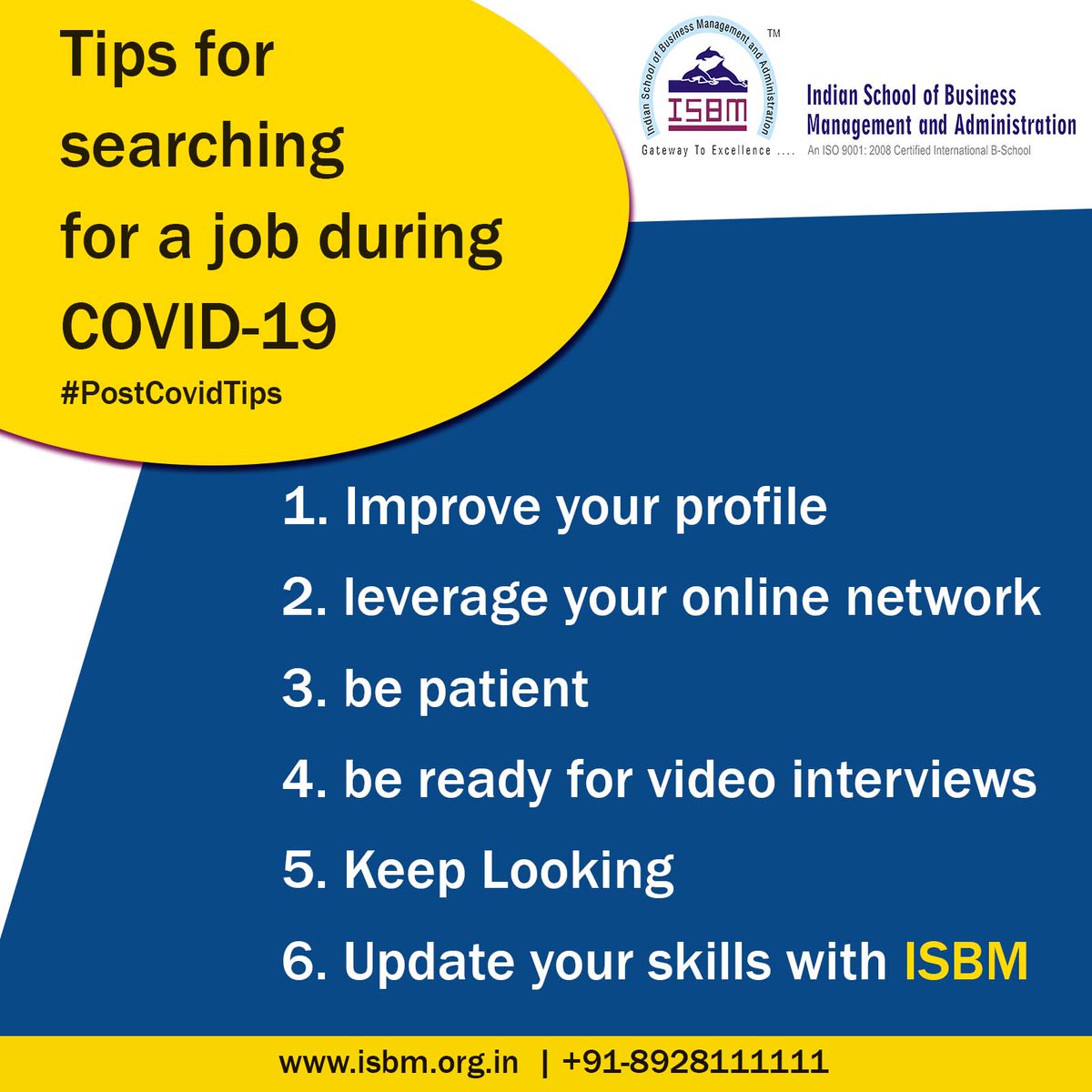 isbma's tweet photo. How to search for a Job during this Pandemic, Here are some useful tips to help in your job search.
#postcovid #jobsearch #jobsearch2020 #newnoemal #postcovidtips #UpgradeSeason #JaroEducation #shinedotcom #indeed
.
.
.
Explore our online Courses at https://t.co/MLjA2MBhPZ https://t.co/QVx2wyLVrE