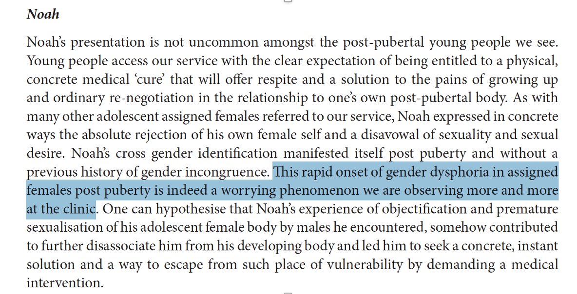 Yet another group of experienced UK gender clinicians agrees: “This rapid onset of gender dysphoria in assigned females post puberty is indeed a worrying phenomenon we are observing more and more” /5 https://www.tandfonline.com/doi/full/10.1080/0075417X.2018.1443150