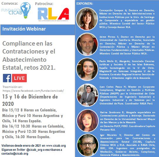 mccamposacunha's tweet photo. #ComplianceContratación. No os perdáis el #Webinar sobre Compliance en las Contrataciones y el Abastecimiento Estatal, #RLA #CICAB los días 15 y 16 de diciembre @contratodeobras disponible en https://t.co/6hxUk6L6x5 https://t.co/gO3jkZlHaD
