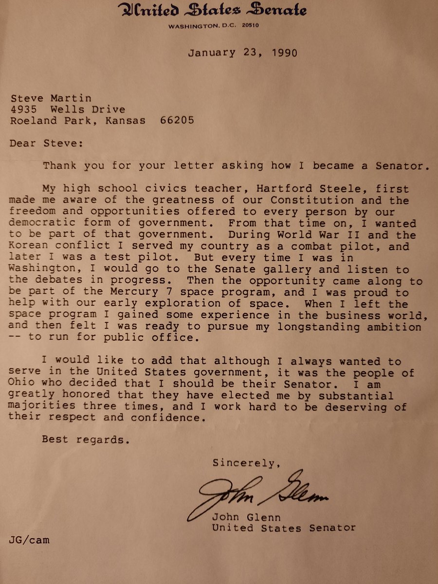 SteveMartinKC's tweet photo. I've been watching The Right Stuff with my older boy Henry. We've also been watching #SpaceX and #starshipsn8 and loving it. I wrote John Glenn when I was 10 and here is his response... https://t.co/qYUDxkQ3yu
