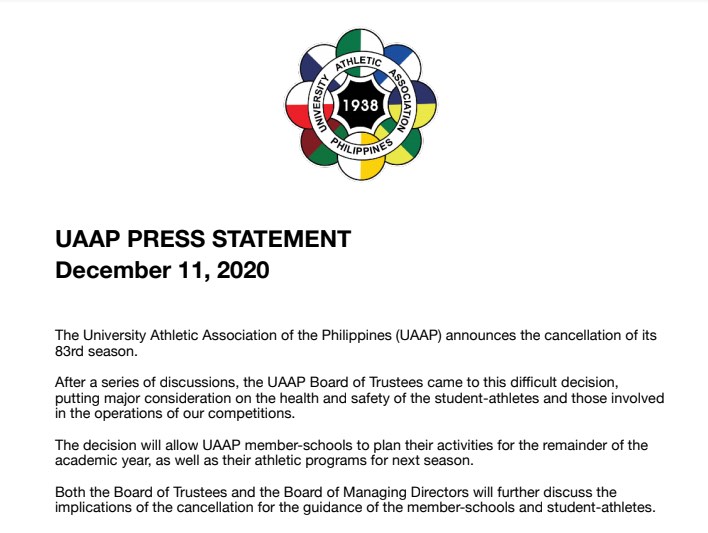 JUST IN: In light of the COVID-19 pandemic, the UAAP Board of Trustees has decided to cancel Season 83 to ensure the safety and health of the student-athletes and all those involved in the league. Read the full memo here:
