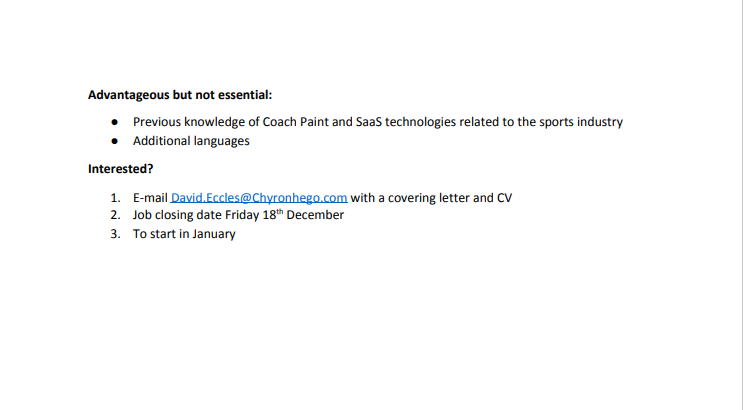 David_Eccles's tweet photo. I am hiring a Marketing / Community Manager for Coach Paint. A job spec is attached below. The closing date for this is next Friday 18th December - if shortlisted interviews will be Monday 21 and Tuesday 22nd December. 

RT's appreciated 
@CoachPaintCH https://t.co/rQ4dDbMOej