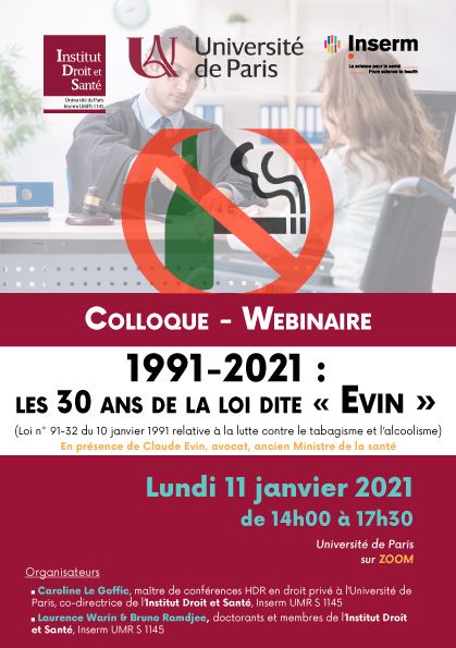 Instidroitsante's tweet photo. L'IDS organise un #colloque en ligne sur : 1991 - 2021 : les 30 ans de la loi dite "Evin" le 11 janvier de 14h à 17h30.
Retrouvez le prog détaillé, le lien de connexion et inscrivez-vous sur : https://t.co/eyHsMcGp3L @DroitEGUParis @Univ_Paris @c_legoffic @claudeevin @lydiamorlet https://t.co/DwCQuGfl8Z