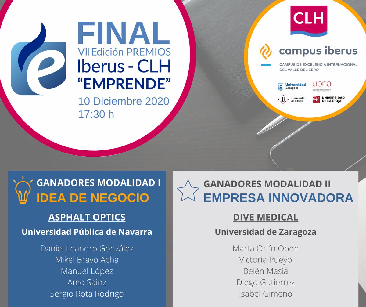 Por fin sabemos los ganadores de la final de la VII Edición de los Premios Iberus - CLH Emprende, que tuvo lugar el 10 de diciembre online. 
¡Nuestra más sincera enhorabuena a los afortunados y a todos los finalistas por sus propuestas tan prometedoras!