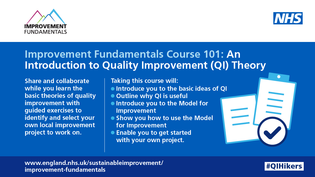 Improvement Fundamentals course 101 opens today!
Learn how to undertake your own #Improvement project with bitesize learning and practical guidance – all FREE and ONLINE.
For #Socialcare and #NHS
Enrol at  qilearning.england.nhs.uk/courses/IF101-…