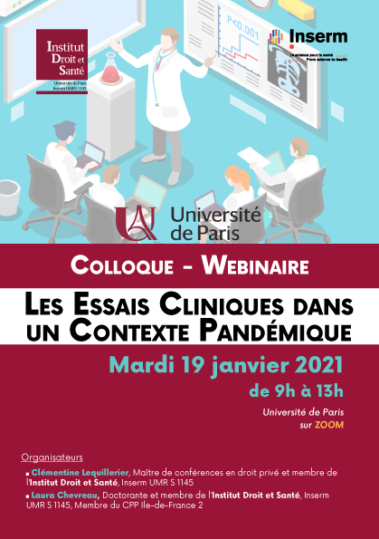 Instidroitsante's tweet photo. L'IDS organise un #colloque en ligne sur le thème des "essais cliniques dans un contexte épidémique" le 19 janvier de 9h à 13h.
Retrouvez le prog détaillé, le lien de connexion et inscrivez-vous sur : https://t.co/ZS3db9ASxW @DroitEGUParis @Univ_Paris @lydiamorlet @c_legoffic https://t.co/ea5nOF8IVz