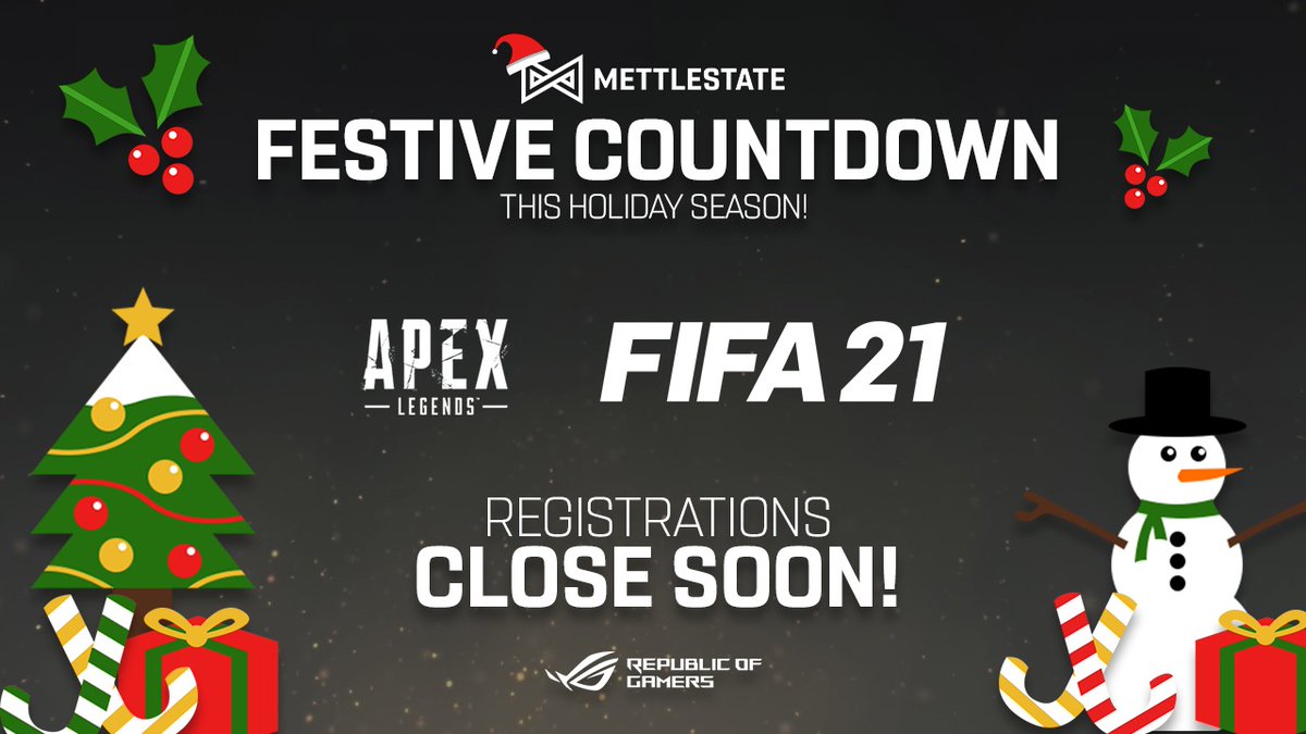 Mettlestate's tweet photo. Today is the LAST DAY to register for the Apex CROSSPLAY cup this weekend! You have until tomorrow to register for FIFA 21. Don't miss this weekend's rendition of the Festive Countdown ๐ช ๐Register here: https://t.co/wdvSKTZzNi @ASUS_za #ForgeApex #ForgeFIFA #FestiveCountdown https://t.co/27bnbEs9KB