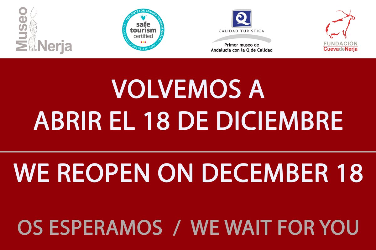 MuseodeNerja's tweet photo. Con la misma alegría del 1 de junio, anunciamos que el 18 de diciembre abrimos nuevamente nuestras puertas. Esperamos que no tengamos que volver a cerrarlas más. Horario: de lunes a domingo de 10:00 a 16:30 horas. Os esperamos. 🎄🎄 https://t.co/JJFJChK7oP