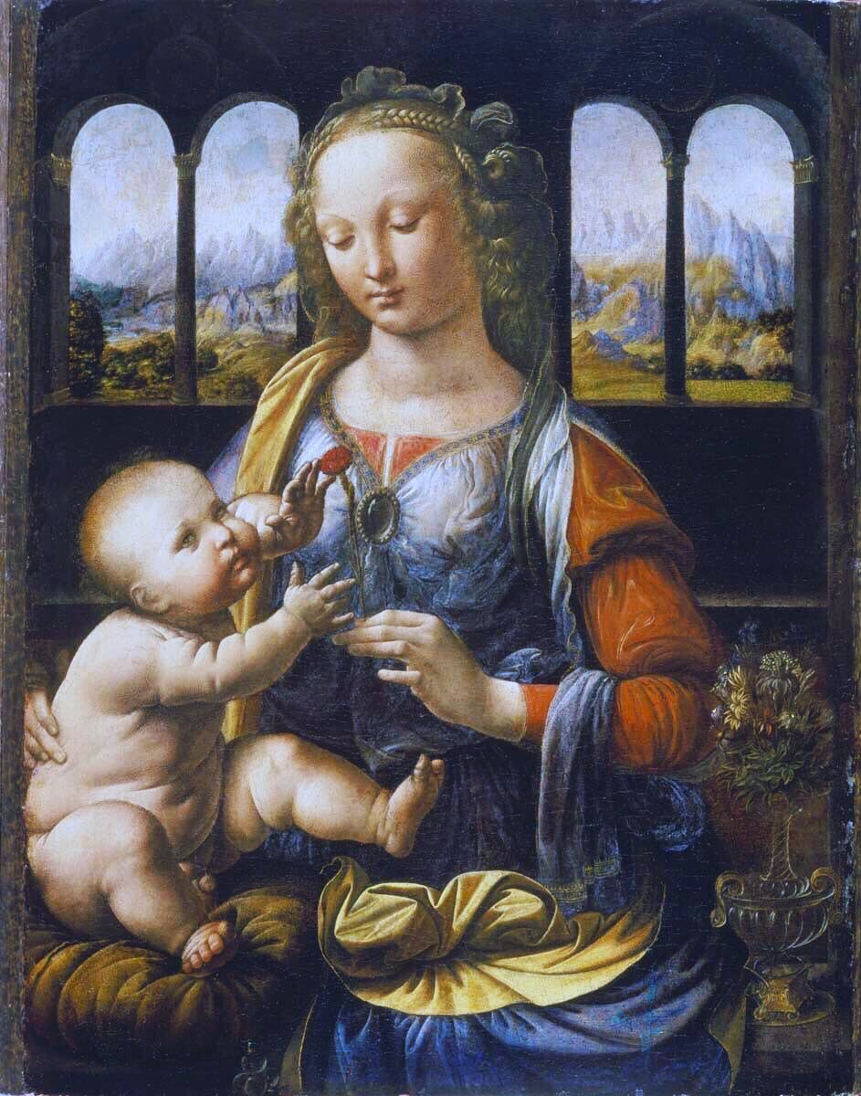 4 years later da Vinci was in serious trouble & charged with sodomy. He appears to have escaped prison thru Medici connections. Leonardo was also a gifted musician. Madonna with Flower (1478), Studies (c1478-80) & Madonna of the Carnation (1478-80)