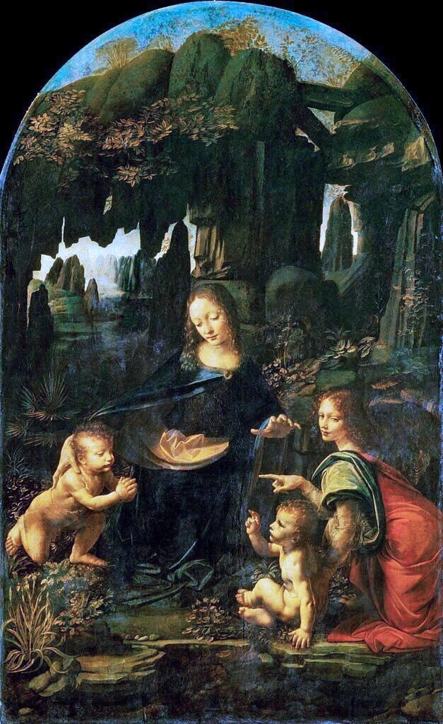 He was in Milan from 1482-99. There he was commissioned to paint the astounding Virgin of the Rocks. There are two versions, by him, one in the Louvre (1483-6) & one in the National Gallery, London (1495-1508). The Louvre has a pointing angel which he removed in the 2nd work