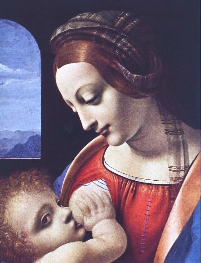 I think his Madonna Litta is his finest mother & child. It is the exaltation of love & serenity at a spiritual level. Madonna Litta (1490) with detail & original study for the Virgin. Some think the work may have been finished, or painted in part, by his student Boltraffio