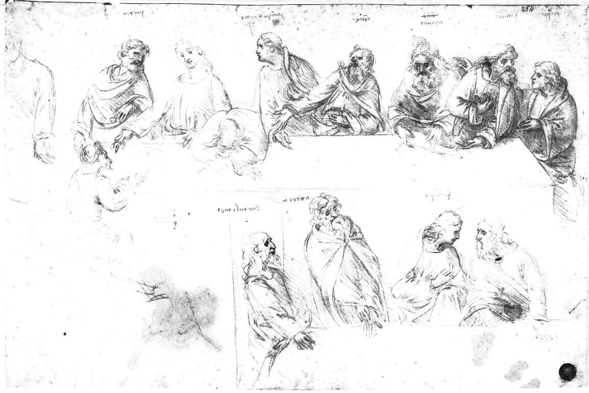 The Last Supper with details & sketches (1495-7). This is one of the most famous works in the world. His experimentation with creating paints & varnishes led to disaster as they had already begun to deteriorate as he painted. Note the beautiful preliminary studies.