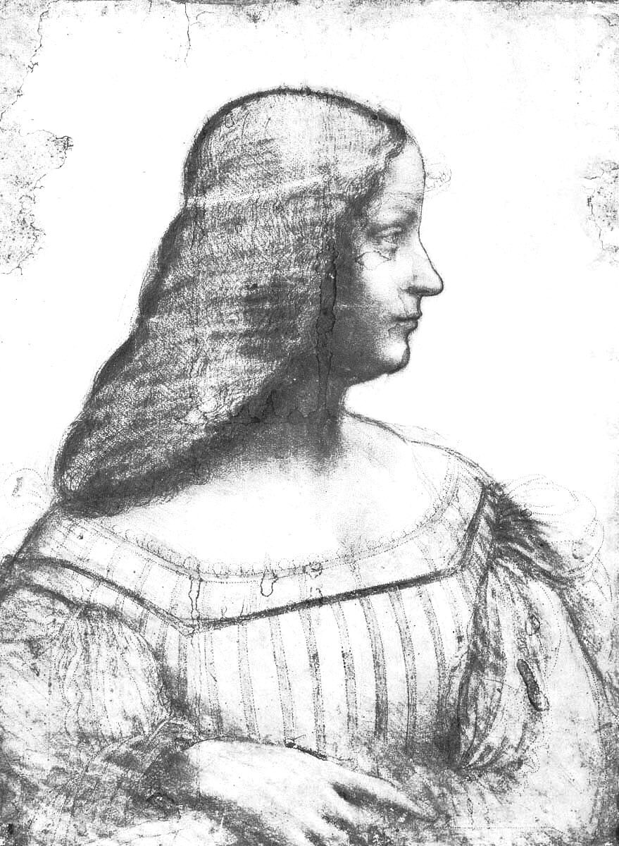 In 1503 he created a preliminary study (a cartoon) for the Battle of Anghiari for the city hall in Florence. It was not used. Isabella d’Este (1500), Salvator Mundi (attributed, c1500) & Madonna of the Yardwinder (attributed, 1501)