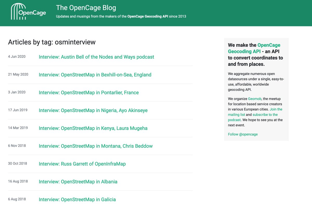 12/ Staying on top of a vibrant, global community like OSM is big job. Luckily it's one we enjoy. Thread soon on resources we use, but if you want to dive in over the years we interviewed folks from many OSM communities around the world on our blog.  https://blog.opencagedata.com/tagged/osminterview